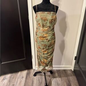 Windsor Sage Ruched Floral Mesh Midi Dress Size L